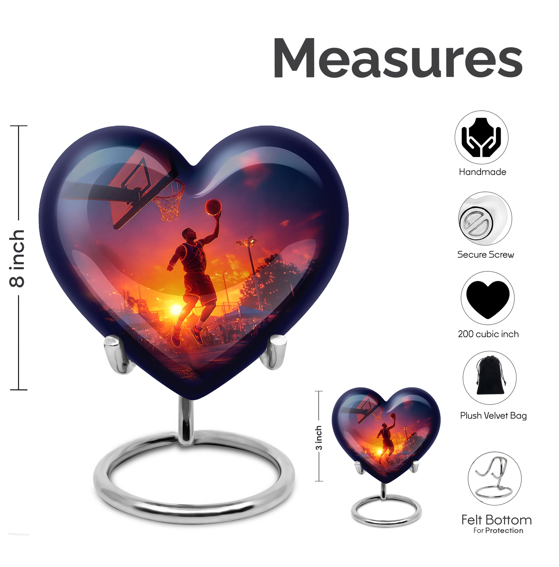 Vivid Blue Basketball Cremation Urn front view showing detailed design - compassionate heart-basketball combination with gentle curves - mini keepsake memorial for portion of cremation ashes