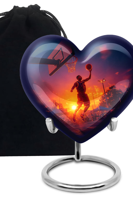Sky Blue Basketball Cremation Urn detail view - loving heart memorial featuring basketball pattern - full-size 10 inch 200 cubic inch adult cremation urn