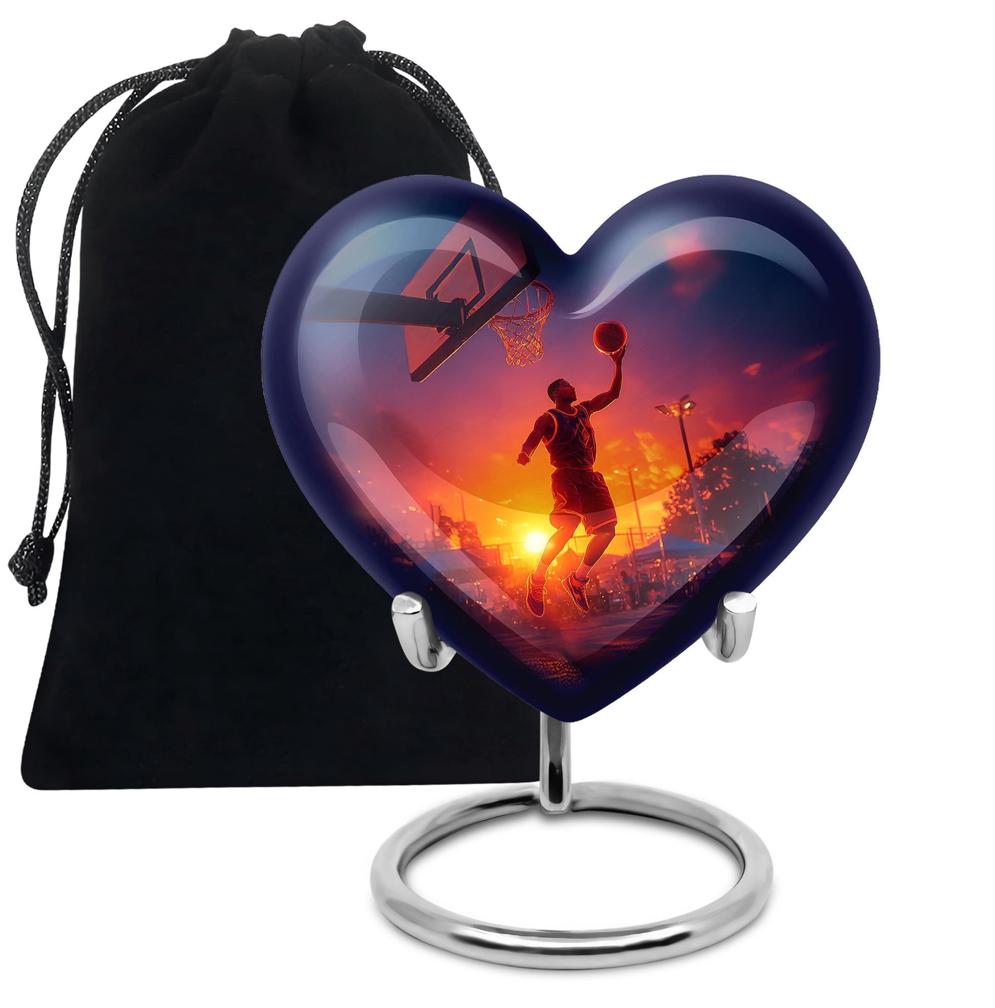 Sky Blue Basketball Cremation Urn detail view - loving heart memorial featuring basketball pattern - full-size 10 inch 200 cubic inch adult cremation urn