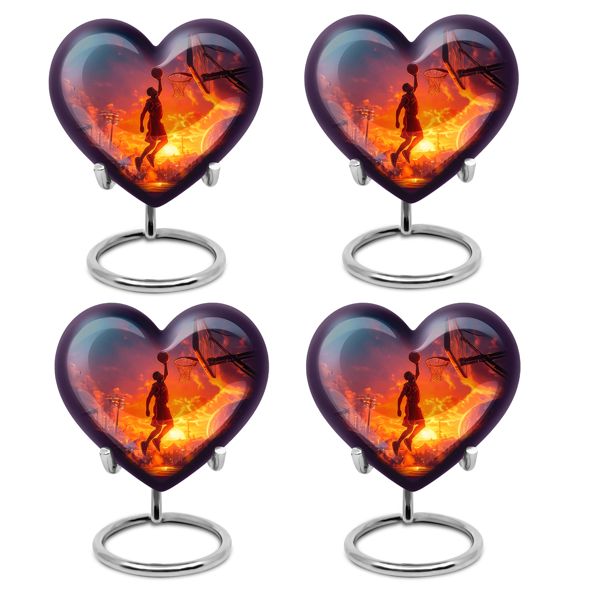 Pastel Blue Basketball Cremation Urn angled view of lid and engraved motif - heart-shaped basketball design symbolizing eternal love - 10 inch aluminum urn for cremated remains