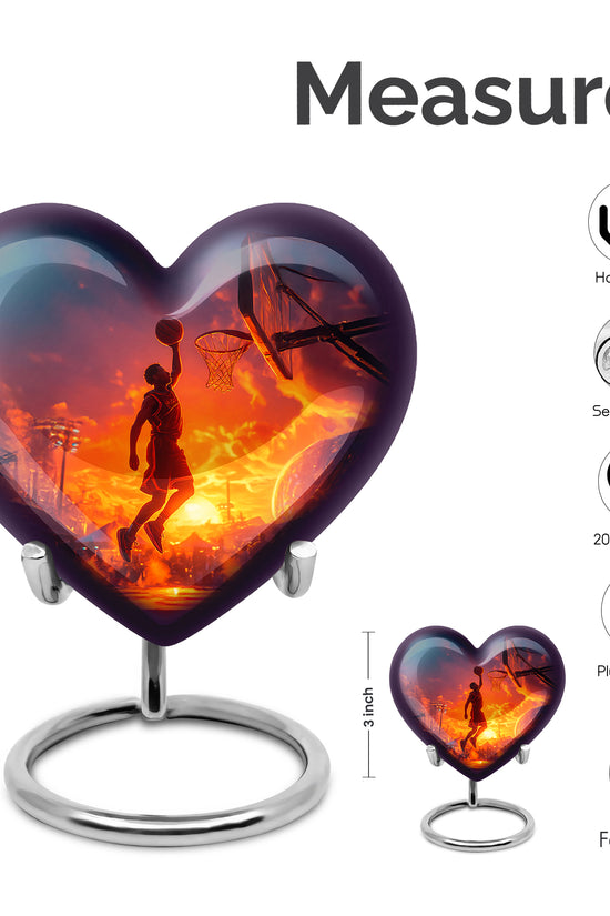 Sky Blue Basketball Cremation Urn front view showing detailed design - loving heart memorial featuring basketball pattern - mini keepsake memorial for portion of cremation ashes