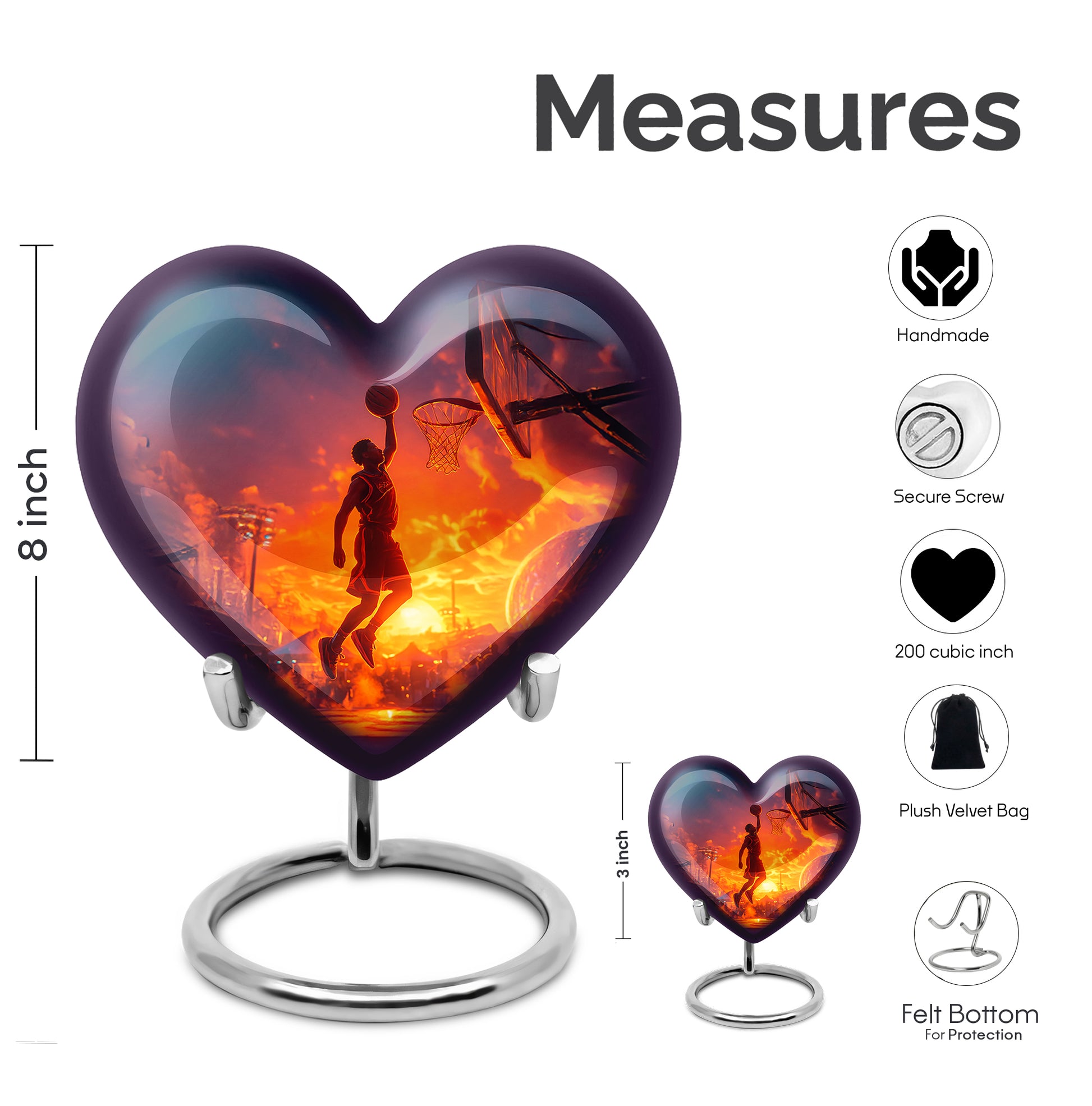 Sky Blue Basketball Cremation Urn front view showing detailed design - loving heart memorial featuring basketball pattern - mini keepsake memorial for portion of cremation ashes