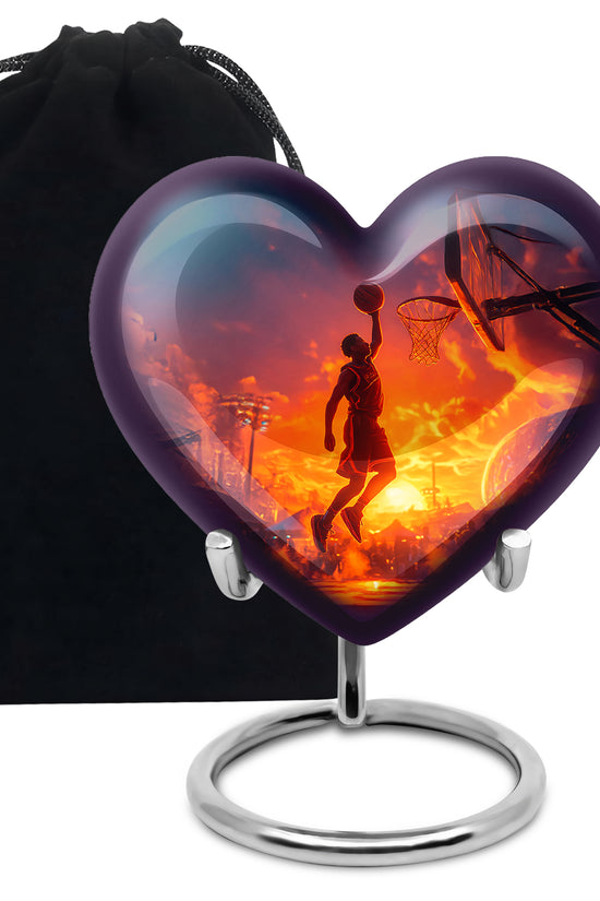 Steel Blue Basketball Cremation Urn detail view - compassionate heart-basketball combination with gentle curves - full-size 10 inch 200 cubic inch adult cremation urn