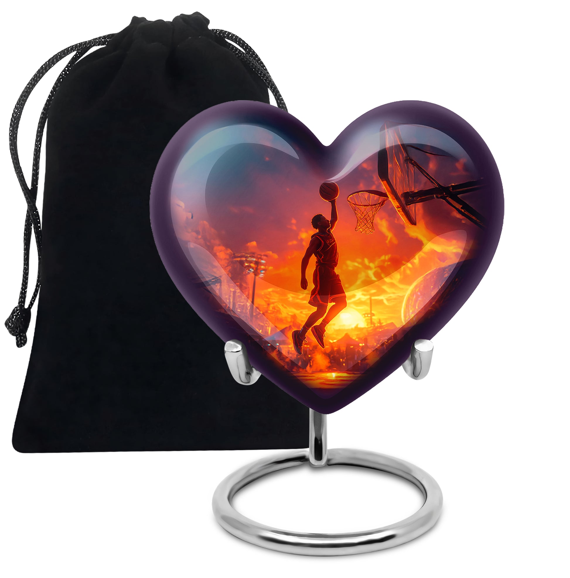 Steel Blue Basketball Cremation Urn detail view - compassionate heart-basketball combination with gentle curves - full-size 10 inch 200 cubic inch adult cremation urn