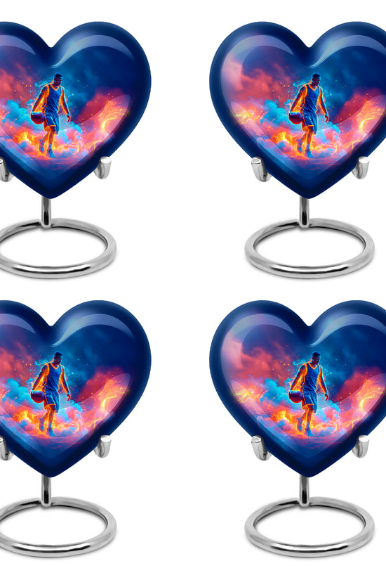 Azure Basketball Cremation Urn angled view of lid and engraved motif - loving heart memorial featuring basketball pattern - 10 inch aluminum urn for cremated remains