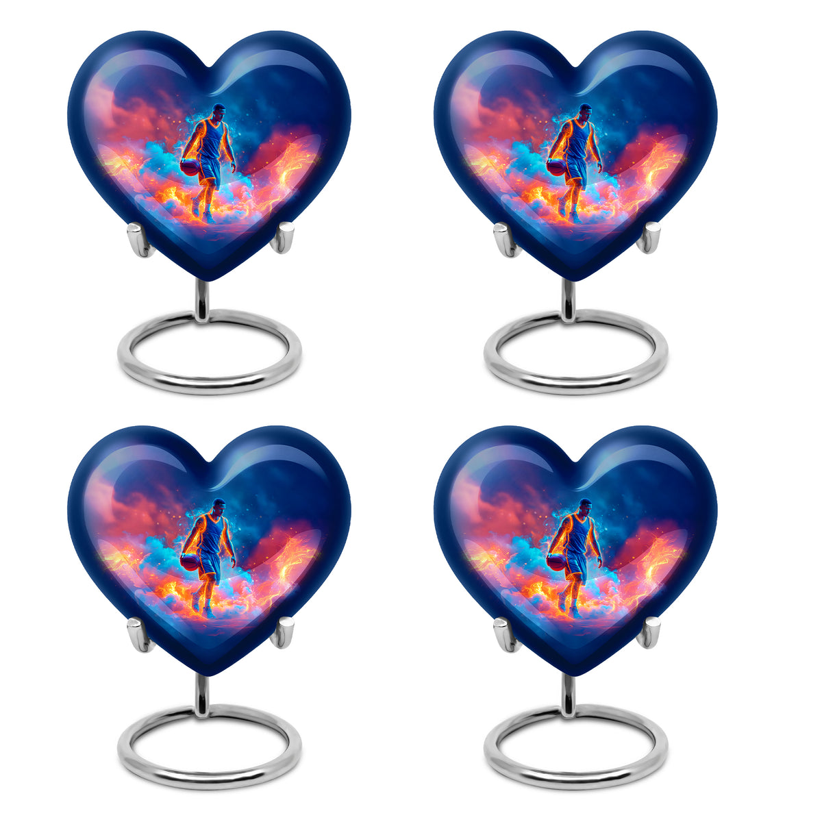 Azure Basketball Cremation Urn angled view of lid and engraved motif - loving heart memorial featuring basketball pattern - 10 inch aluminum urn for cremated remains