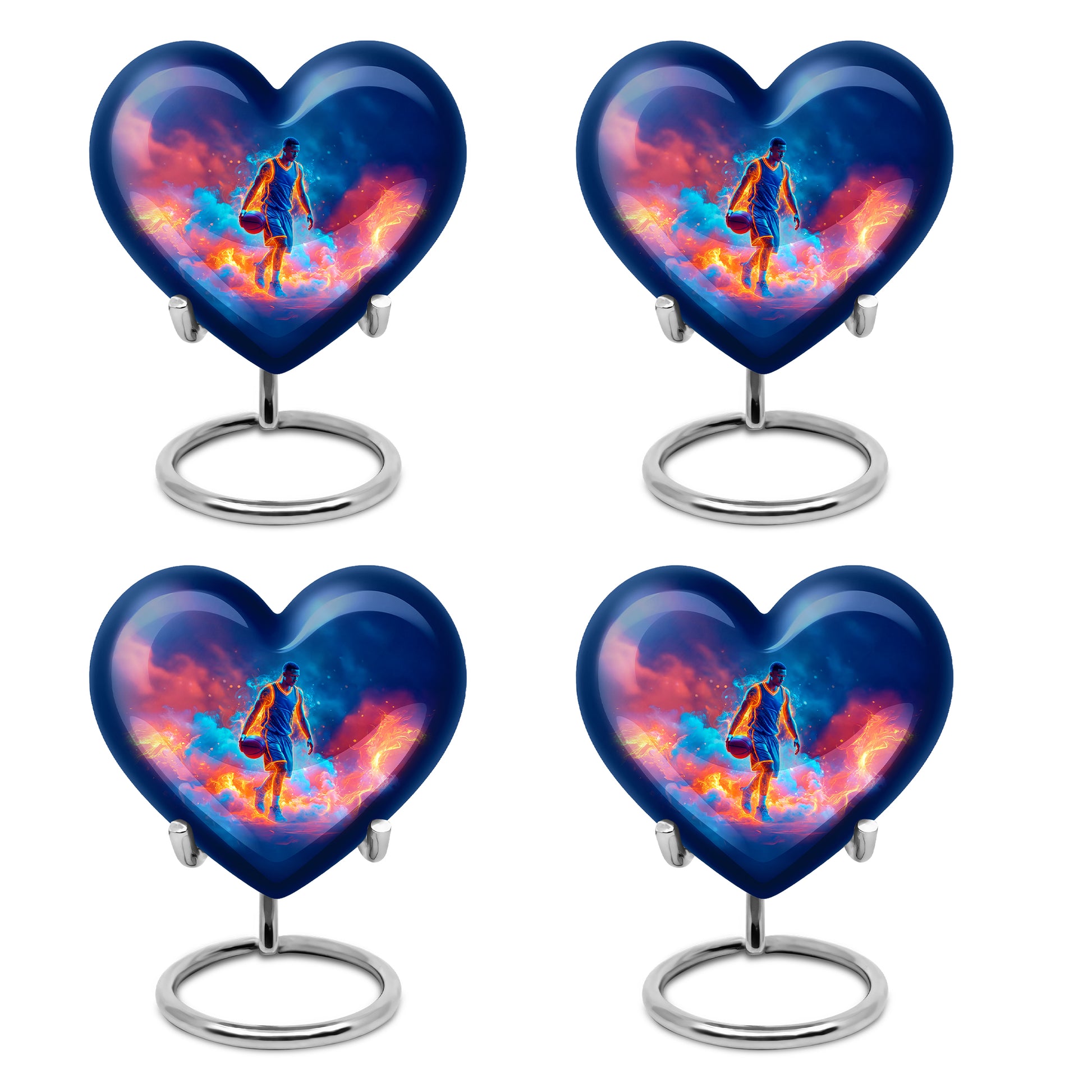 Azure Basketball Cremation Urn angled view of lid and engraved motif - loving heart memorial featuring basketball pattern - 10 inch aluminum urn for cremated remains