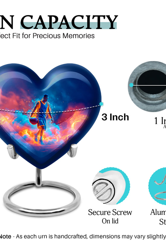 Misty Blue Basketball Cremation Urn front view showing detailed design - loving heart memorial featuring basketball pattern - mini keepsake memorial for portion of cremation ashes