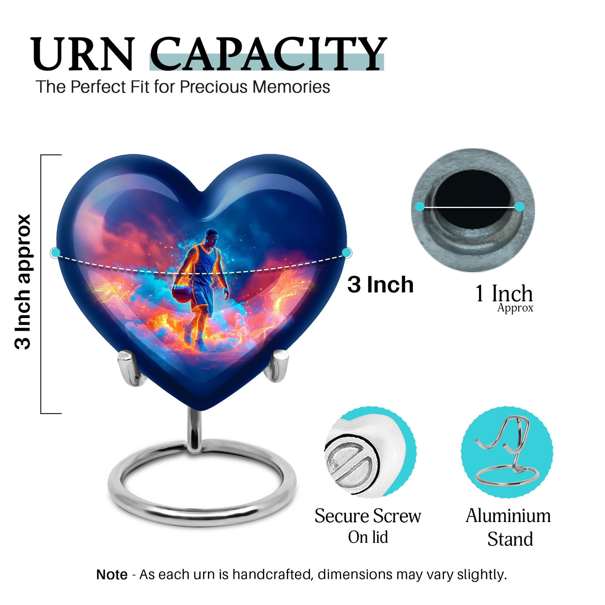 Misty Blue Basketball Cremation Urn front view showing detailed design - loving heart memorial featuring basketball pattern - mini keepsake memorial for portion of cremation ashes
