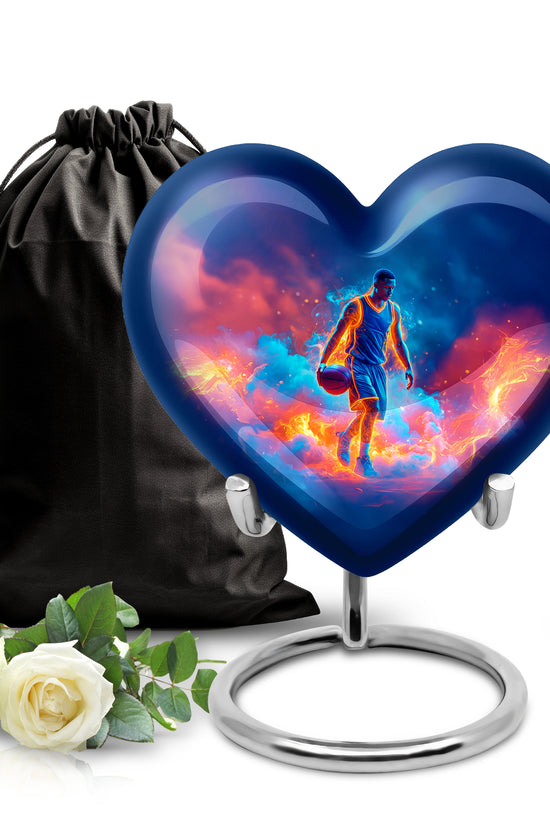 Celestial Blue Basketball Cremation Urn detail view - heart-shaped basketball design symbolizing eternal love - full-size 10 inch 200 cubic inch adult cremation urn