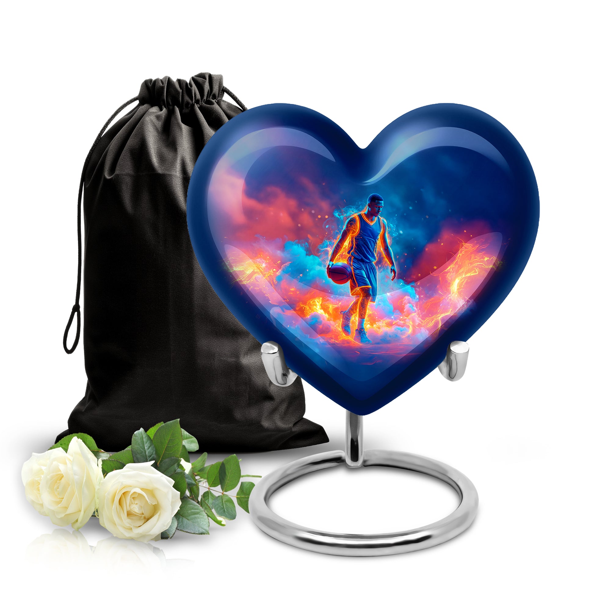 Celestial Blue Basketball Cremation Urn detail view - heart-shaped basketball design symbolizing eternal love - full-size 10 inch 200 cubic inch adult cremation urn