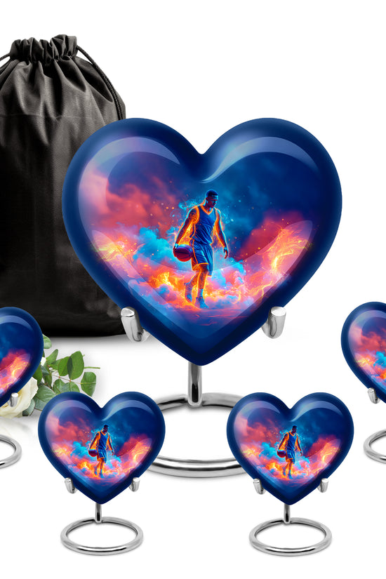Twilight Blue Basketball Cremation Urn close-up of engraving and surface detail - romantic heart urn with basketball motif on aluminum - memorial set with one large and four small urns