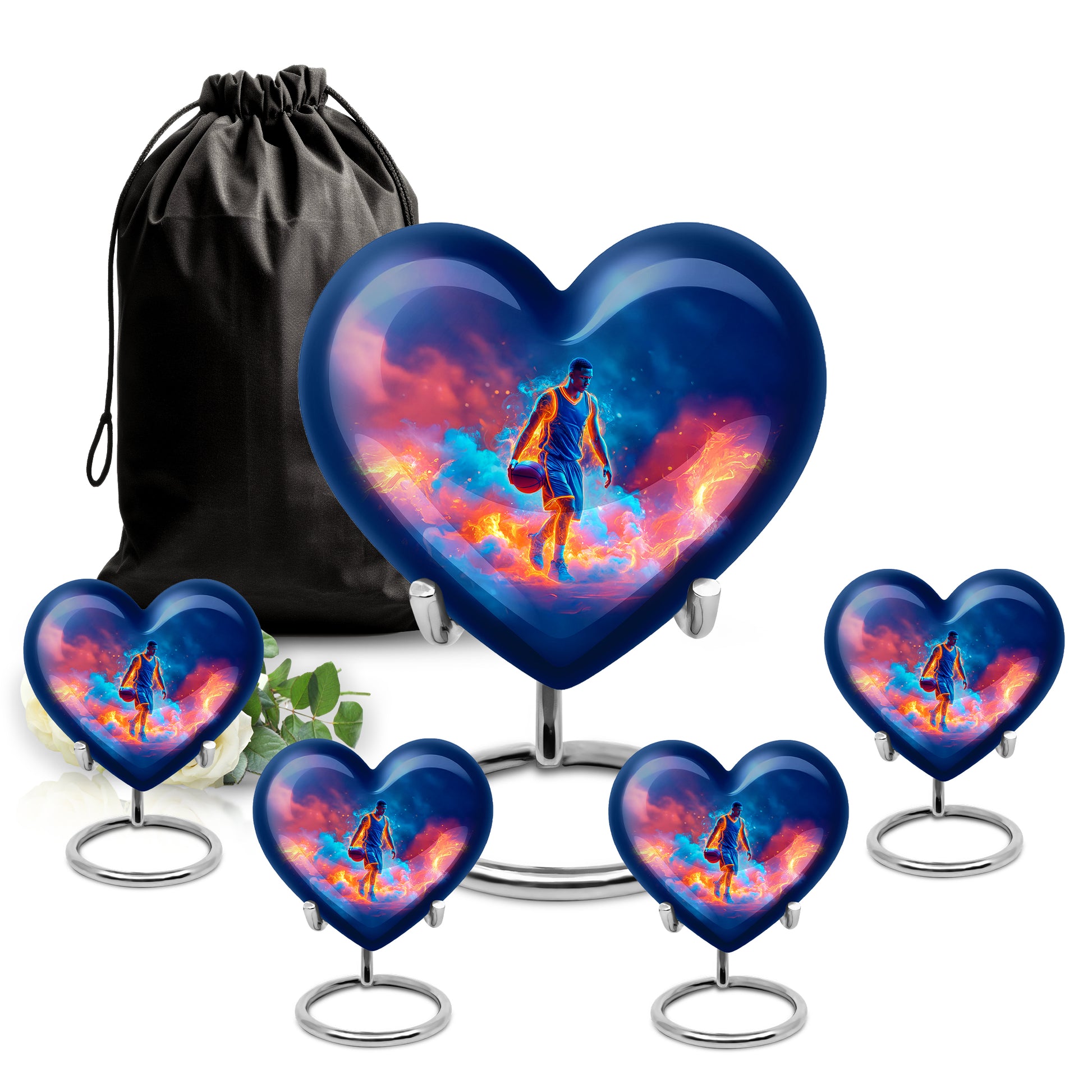 Twilight Blue Basketball Cremation Urn close-up of engraving and surface detail - romantic heart urn with basketball motif on aluminum - memorial set with one large and four small urns