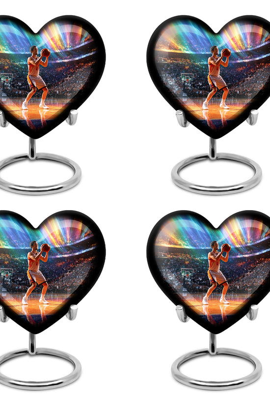 Azure Basketball Cremation Urn angled view of lid and engraved motif - heart-shaped basketball design symbolizing eternal love - 10 inch aluminum urn for cremated remains