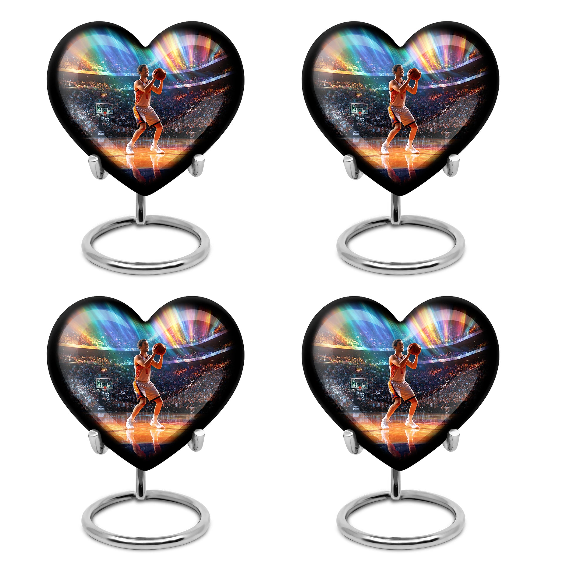 Azure Basketball Cremation Urn angled view of lid and engraved motif - heart-shaped basketball design symbolizing eternal love - 10 inch aluminum urn for cremated remains