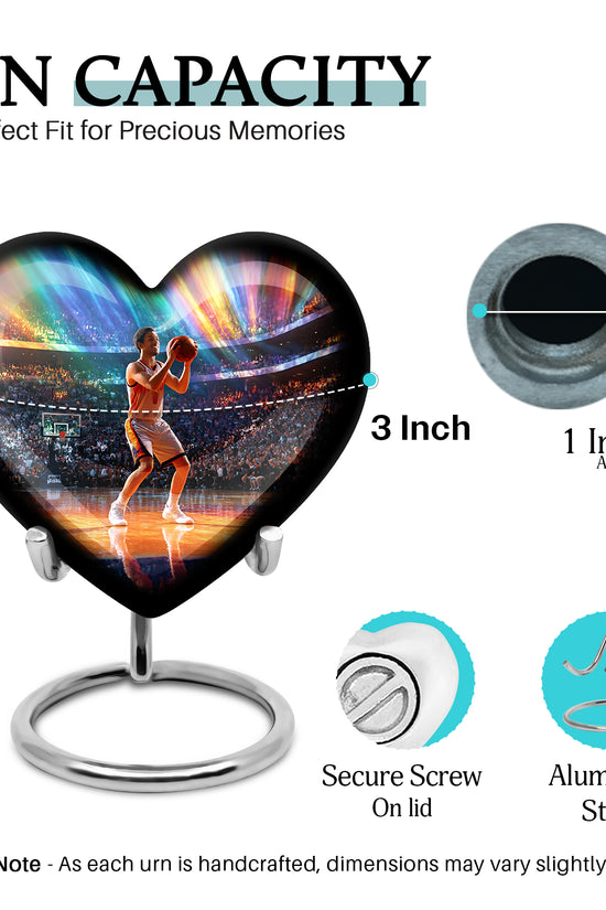 Twilight Blue Basketball Cremation Urn front view showing detailed design - compassionate heart-basketball combination with gentle curves - mini keepsake memorial for portion of cremation ashes