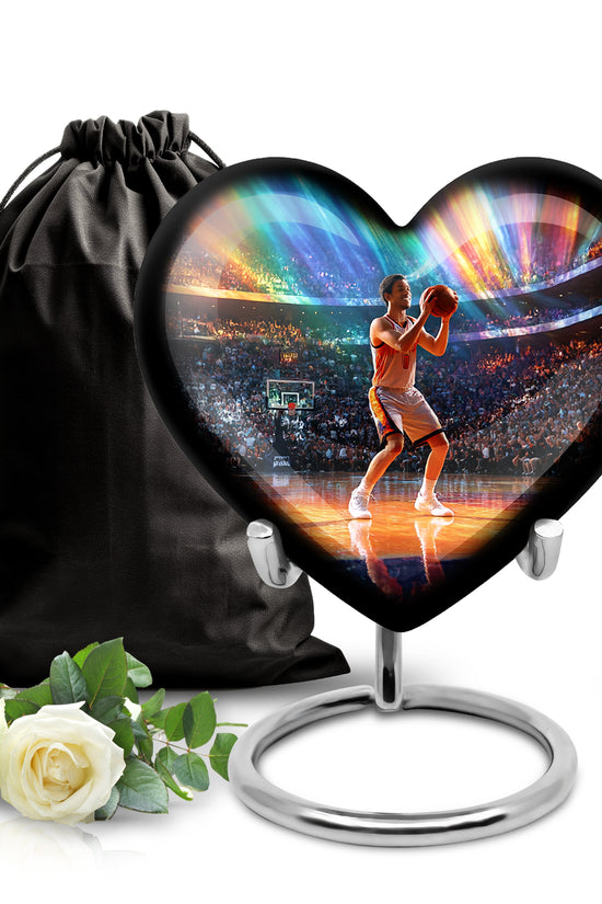 Vivid Blue Basketball Cremation Urn detail view - romantic heart urn with basketball motif on aluminum - full-size 10 inch 200 cubic inch adult cremation urn