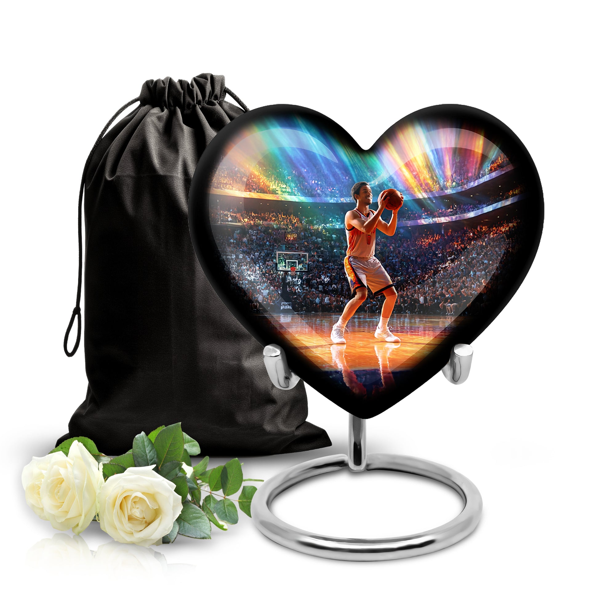Vivid Blue Basketball Cremation Urn detail view - romantic heart urn with basketball motif on aluminum - full-size 10 inch 200 cubic inch adult cremation urn