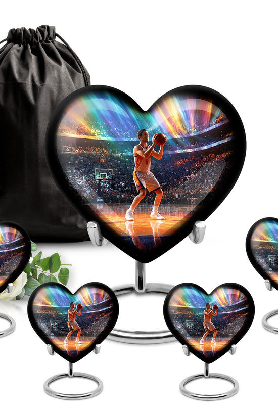 Icy Blue Basketball Cremation Urn close-up of engraving and surface detail - heart-shaped basketball design symbolizing eternal love - memorial set with one large and four small urns