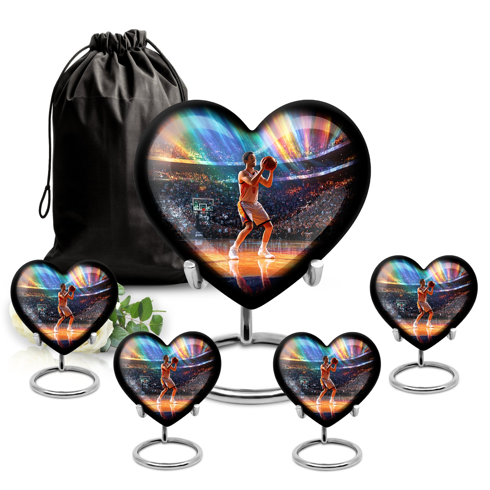 Icy Blue Basketball Cremation Urn close-up of engraving and surface detail - heart-shaped basketball design symbolizing eternal love - memorial set with one large and four small urns