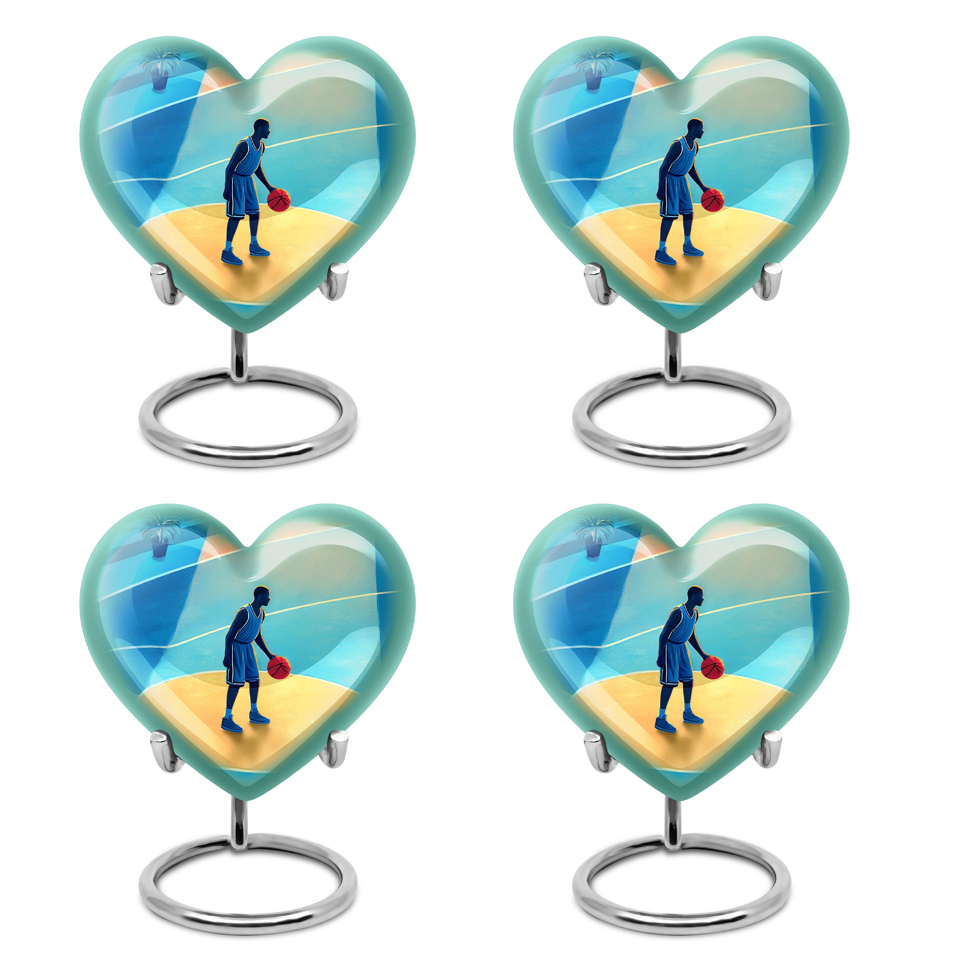 Azure Basketball Cremation Urn angled view of lid and engraved motif - loving heart memorial featuring basketball pattern - 10 inch aluminum urn for cremated remains