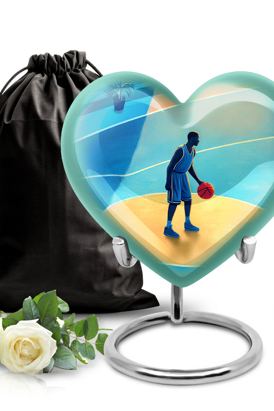 Powder Blue Basketball Cremation Urn detail view - heart-shaped basketball design symbolizing eternal love - full-size 10 inch 200 cubic inch adult cremation urn