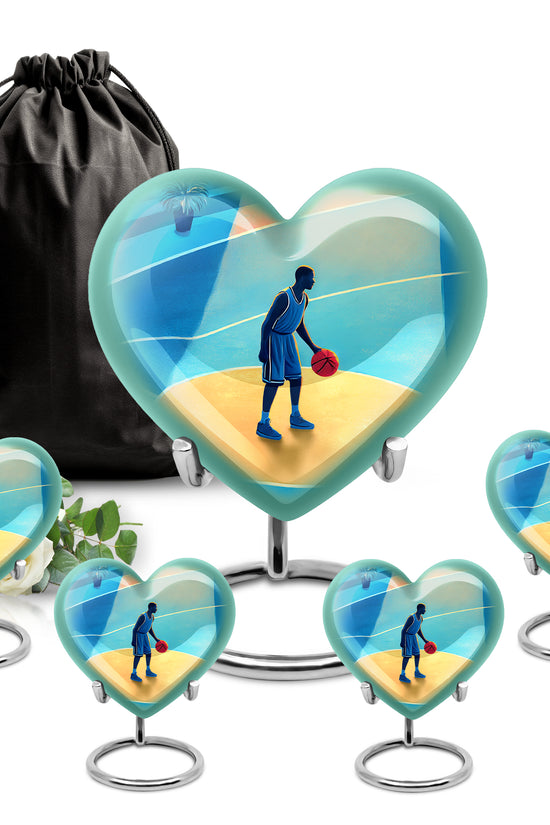 Powder Blue Basketball Cremation Urn close-up of engraving and surface detail - heart-shaped basketball design symbolizing eternal love - memorial set with one large and four small urns
