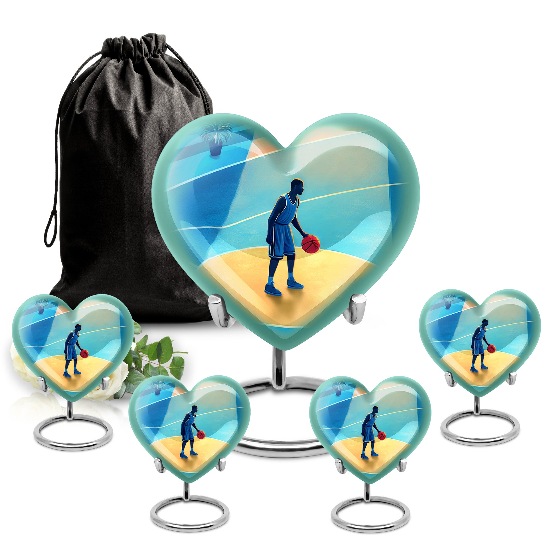 Powder Blue Basketball Cremation Urn close-up of engraving and surface detail - heart-shaped basketball design symbolizing eternal love - memorial set with one large and four small urns