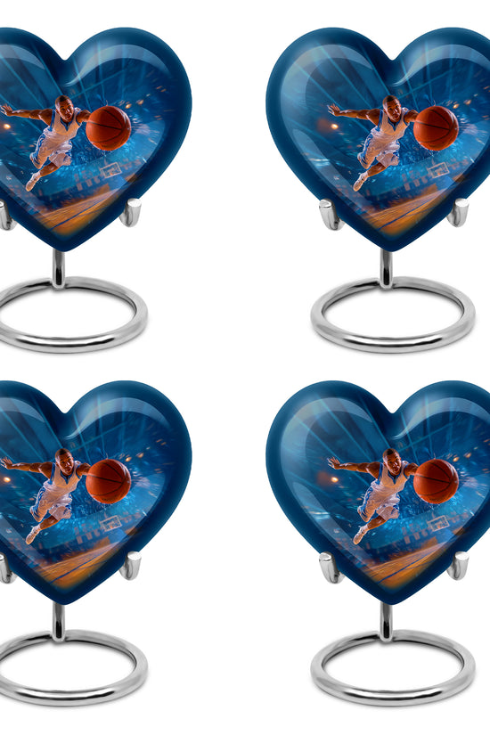 Cobalt Blue Basketball Cremation Urn angled view of lid and engraved motif - compassionate heart-basketball combination with gentle curves - 10 inch aluminum urn for cremated remains