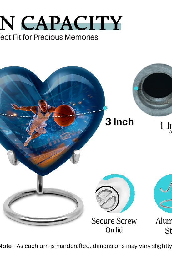 Dusty Blue Basketball Cremation Urn front view showing detailed design - heart-shaped basketball design symbolizing eternal love - mini keepsake memorial for portion of cremation ashes