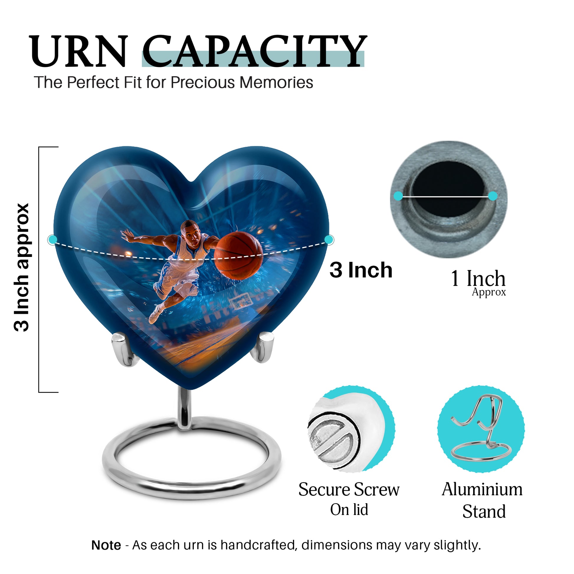 Dusty Blue Basketball Cremation Urn front view showing detailed design - heart-shaped basketball design symbolizing eternal love - mini keepsake memorial for portion of cremation ashes