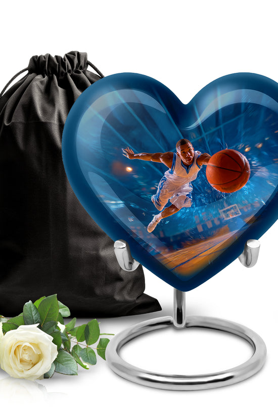 Pastel Blue Basketball Cremation Urn detail view - loving heart memorial featuring basketball pattern - full-size 10 inch 200 cubic inch adult cremation urn