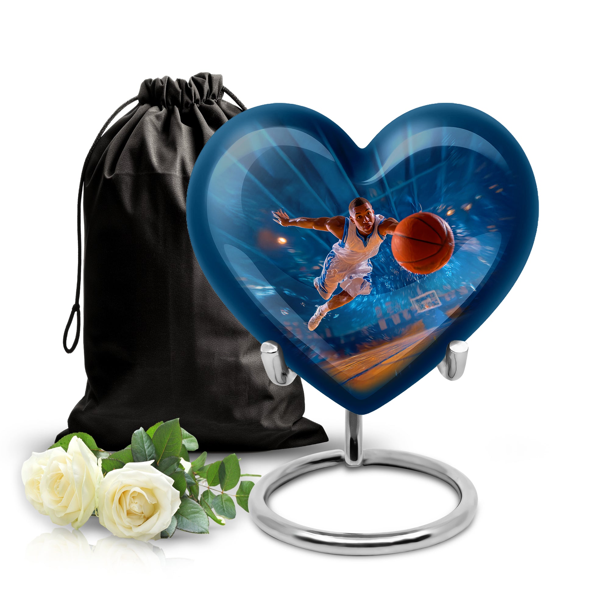 Pastel Blue Basketball Cremation Urn detail view - loving heart memorial featuring basketball pattern - full-size 10 inch 200 cubic inch adult cremation urn