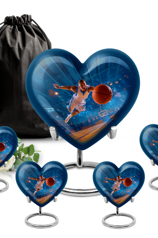 Bright Blue Basketball Cremation Urn close-up of engraving and surface detail - romantic heart urn with basketball motif on aluminum - memorial set with one large and four small urns