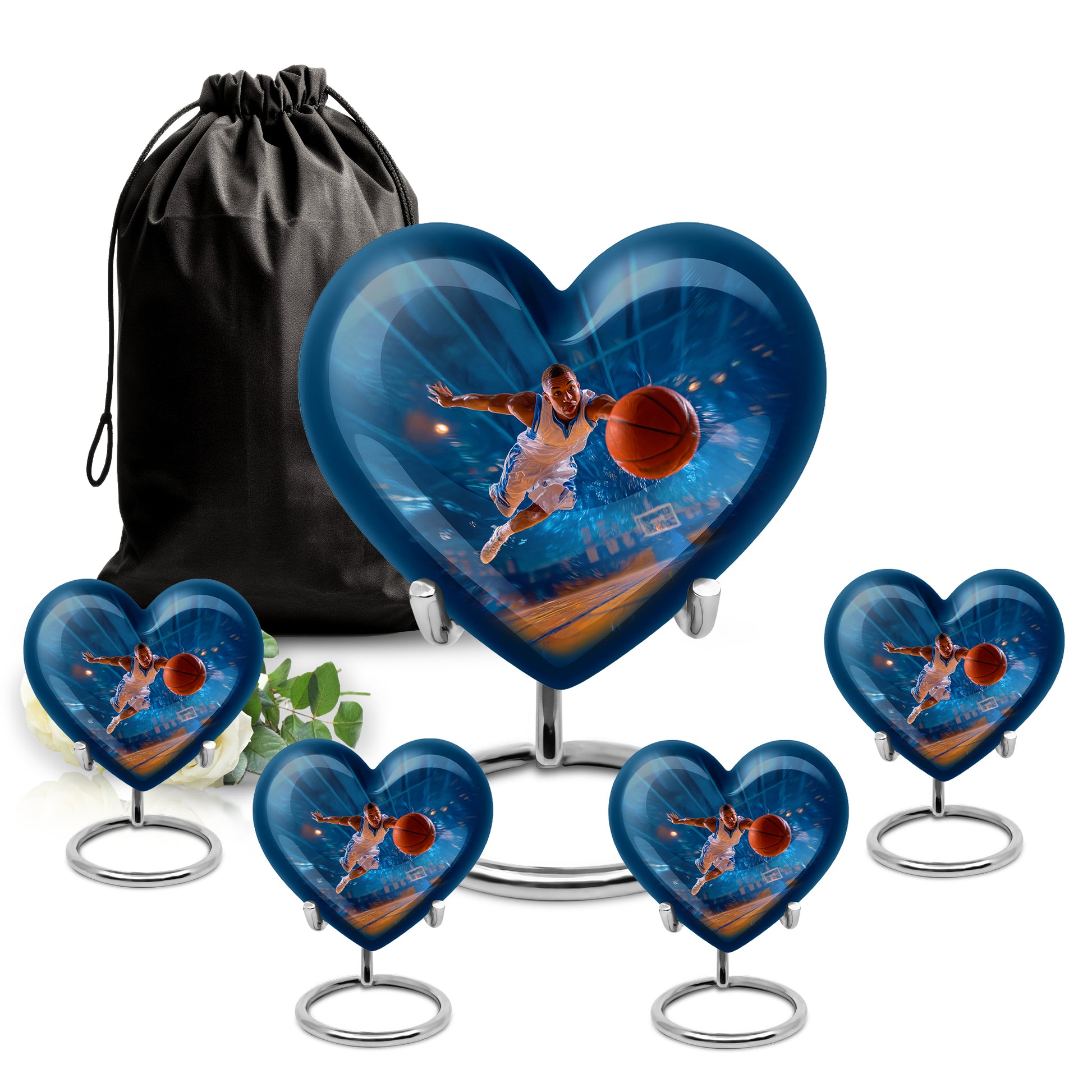 Bright Blue Basketball Cremation Urn close-up of engraving and surface detail - romantic heart urn with basketball motif on aluminum - memorial set with one large and four small urns