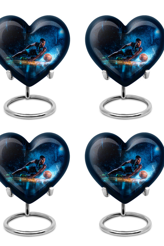 Obsidian Black Basketball Cremation Urn angled view of lid and engraved motif - romantic heart urn with basketball motif on aluminum - 10 inch aluminum urn for cremated remains