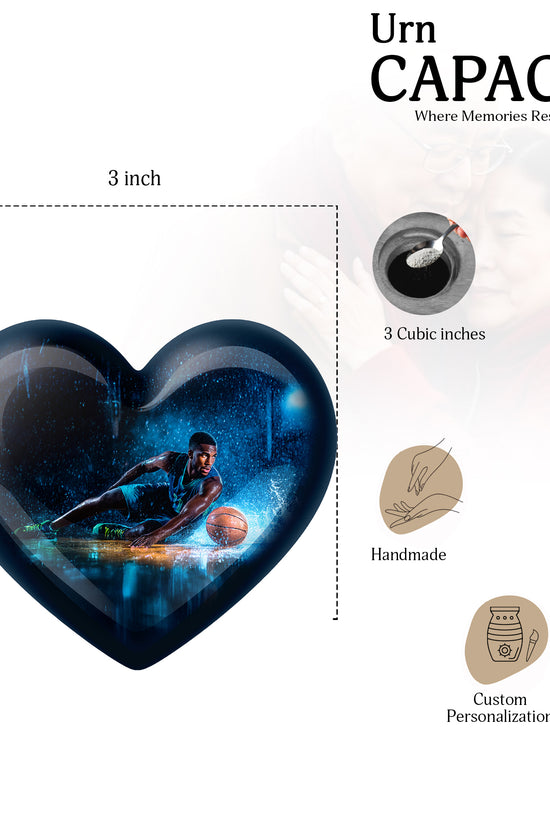Obsidian Black Basketball Cremation Urn front view showing detailed design - romantic heart urn with basketball motif on aluminum - mini keepsake memorial for portion of cremation ashes