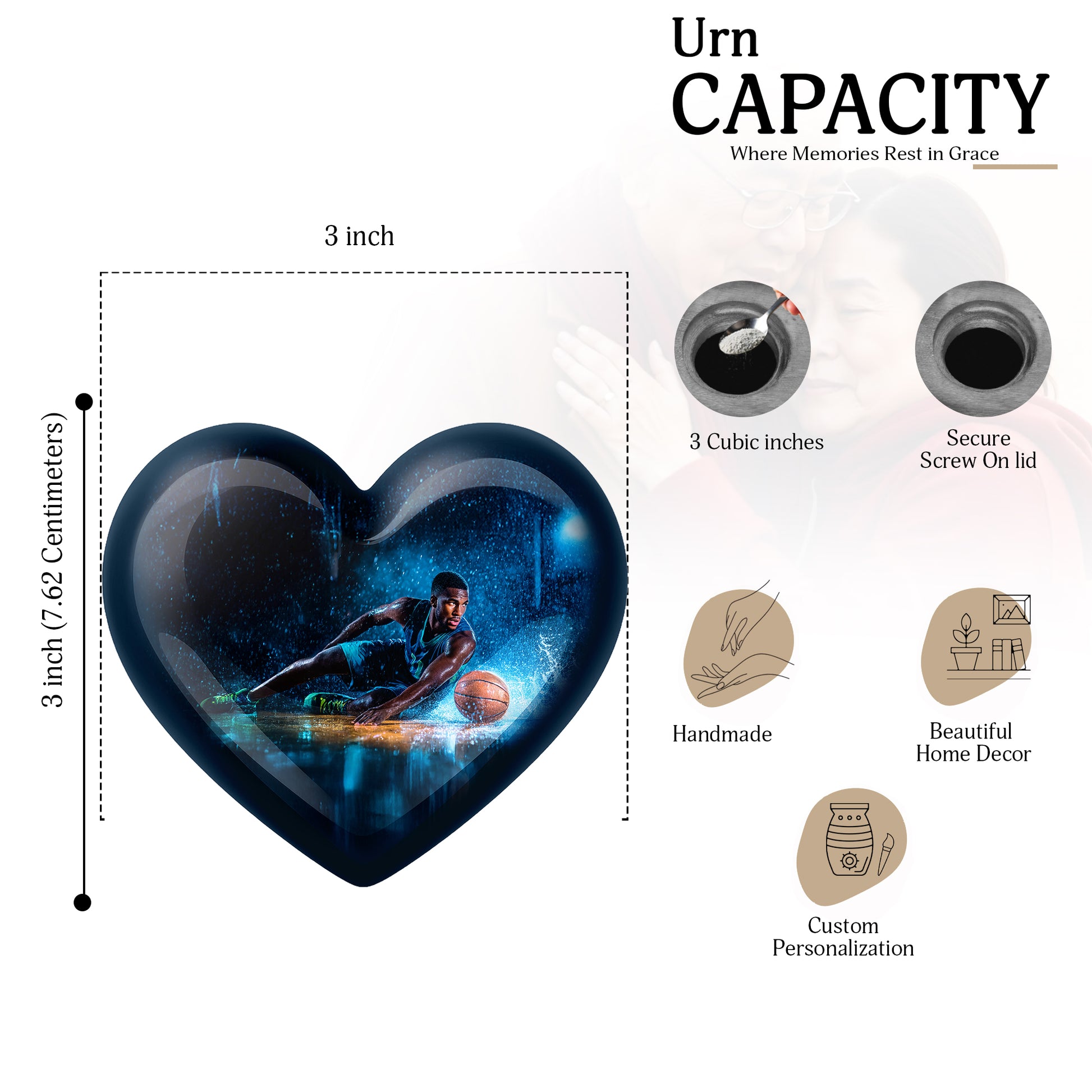 Obsidian Black Basketball Cremation Urn front view showing detailed design - romantic heart urn with basketball motif on aluminum - mini keepsake memorial for portion of cremation ashes