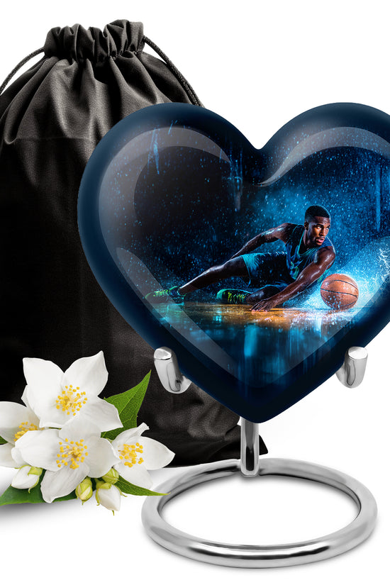Midnight Black Basketball Cremation Urn detail view - compassionate heart-basketball combination with gentle curves - full-size 10 inch 200 cubic inch adult cremation urn