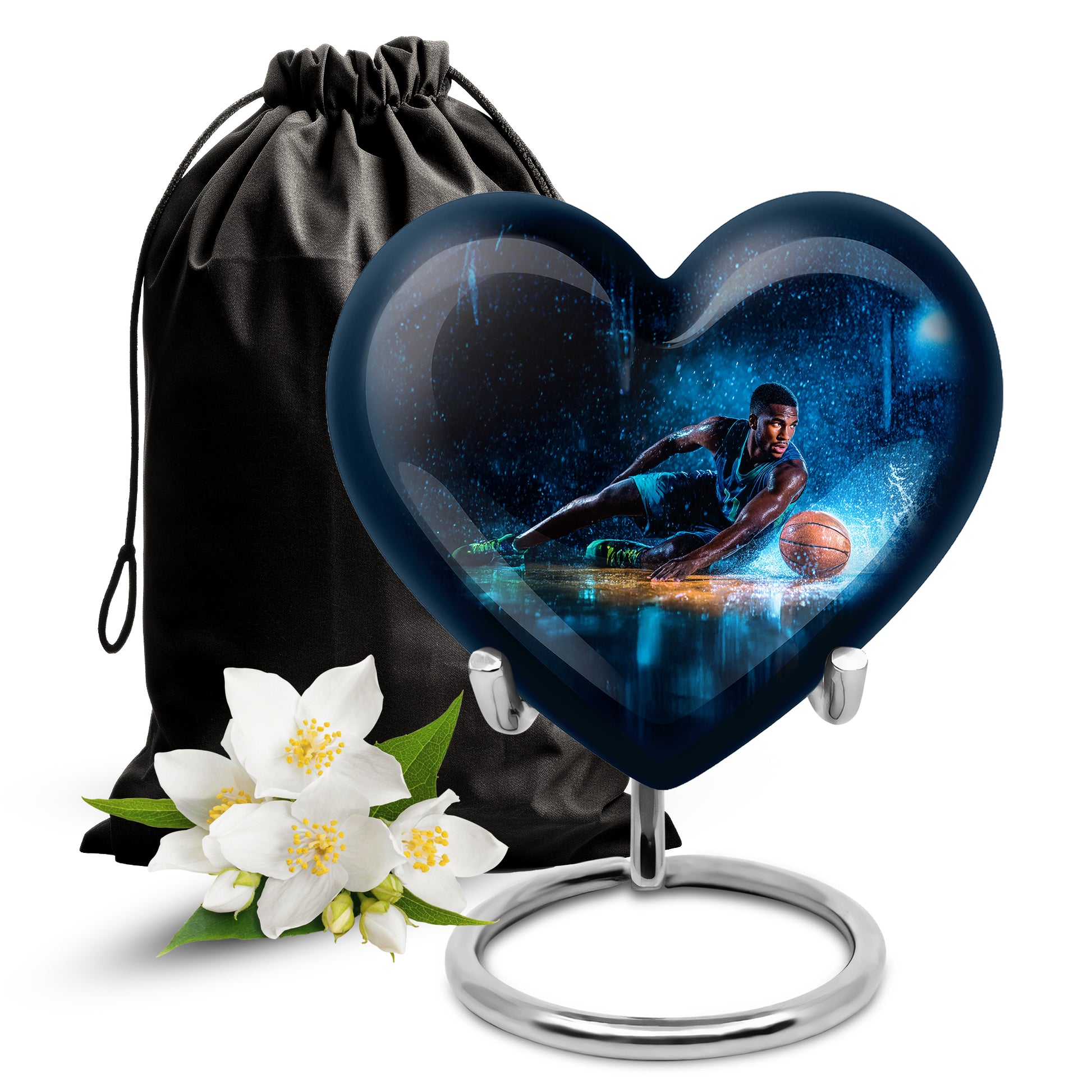 Midnight Black Basketball Cremation Urn detail view - compassionate heart-basketball combination with gentle curves - full-size 10 inch 200 cubic inch adult cremation urn