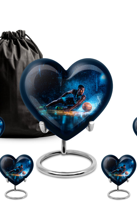 Glossy Black Basketball Cremation Urn close-up of engraving and surface detail - heart-shaped basketball design symbolizing eternal love - memorial set with one large and four small urns