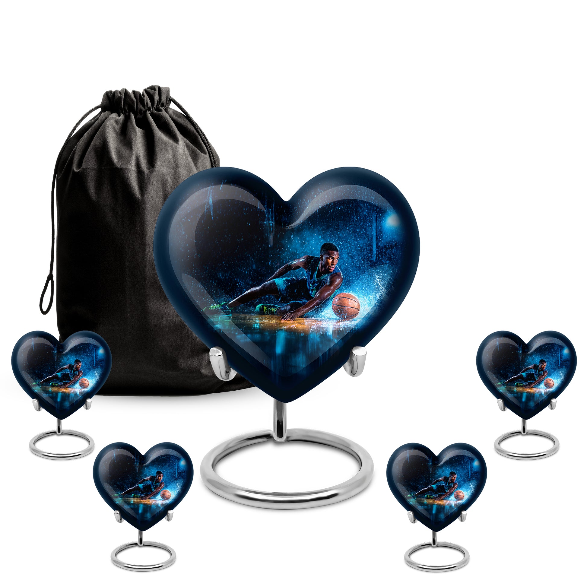 Glossy Black Basketball Cremation Urn close-up of engraving and surface detail - heart-shaped basketball design symbolizing eternal love - memorial set with one large and four small urns