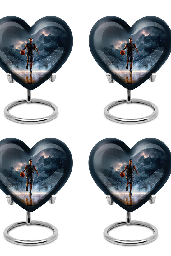 Slate Blue Basketball Cremation Urn angled view of lid and engraved motif - heart-shaped basketball design symbolizing eternal love - 10 inch aluminum urn for cremated remains