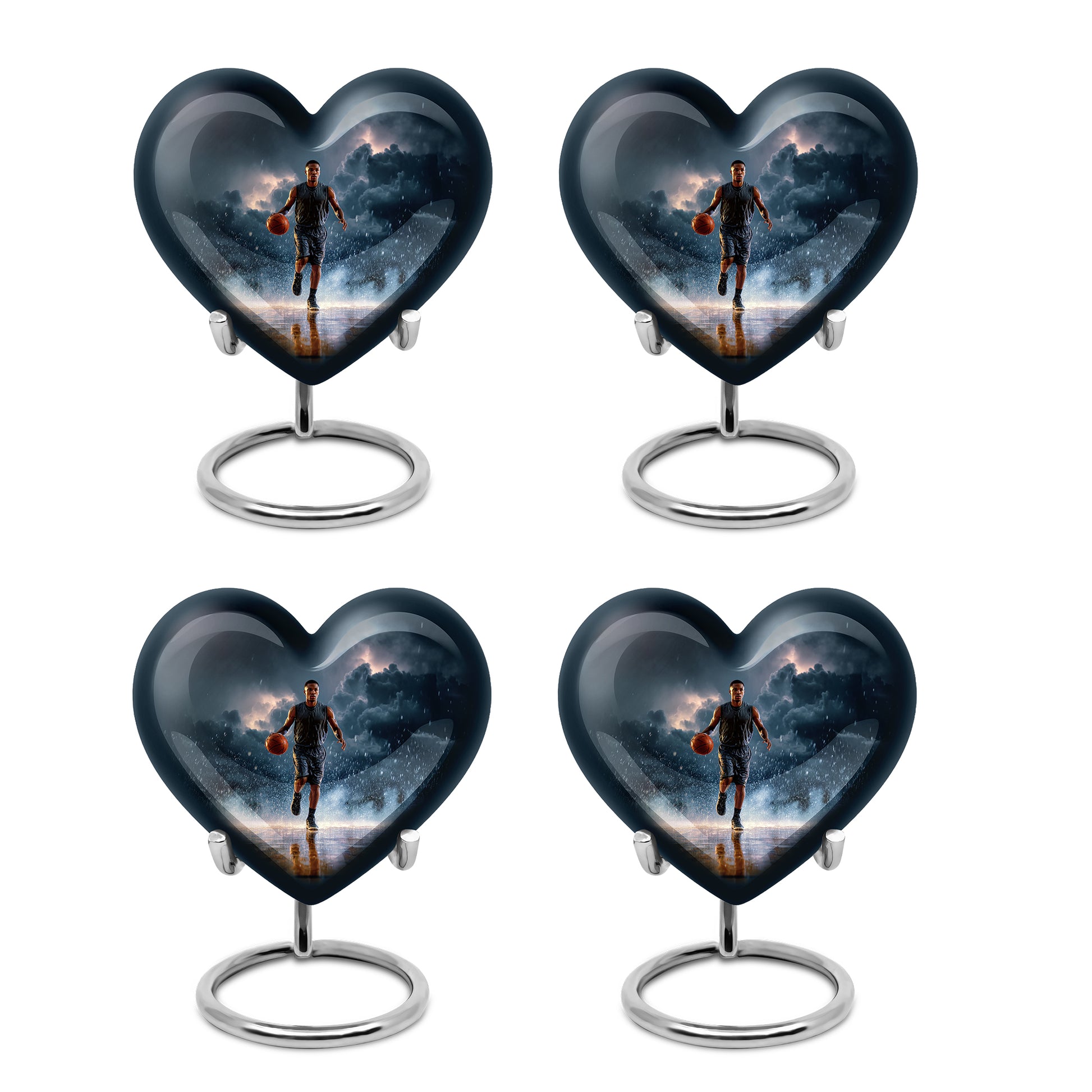 Slate Blue Basketball Cremation Urn angled view of lid and engraved motif - heart-shaped basketball design symbolizing eternal love - 10 inch aluminum urn for cremated remains