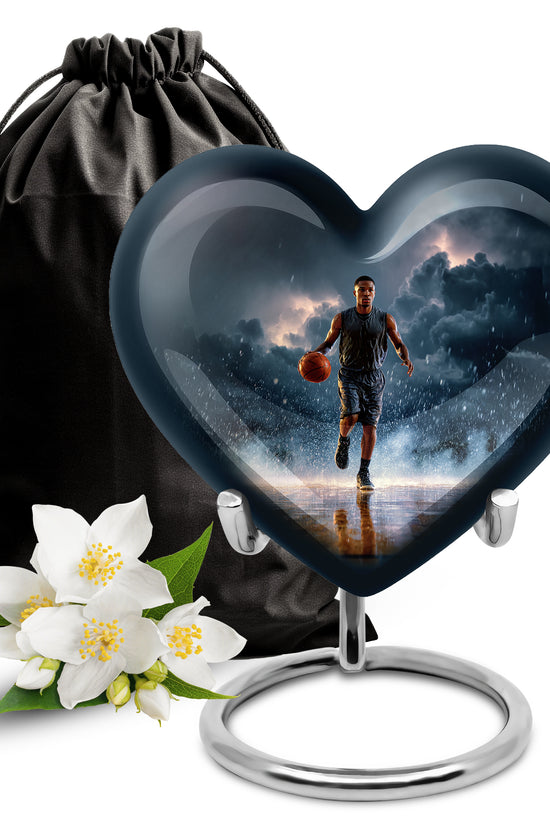 Sky Blue Basketball Cremation Urn detail view - loving heart memorial featuring basketball pattern - full-size 10 inch 200 cubic inch adult cremation urn