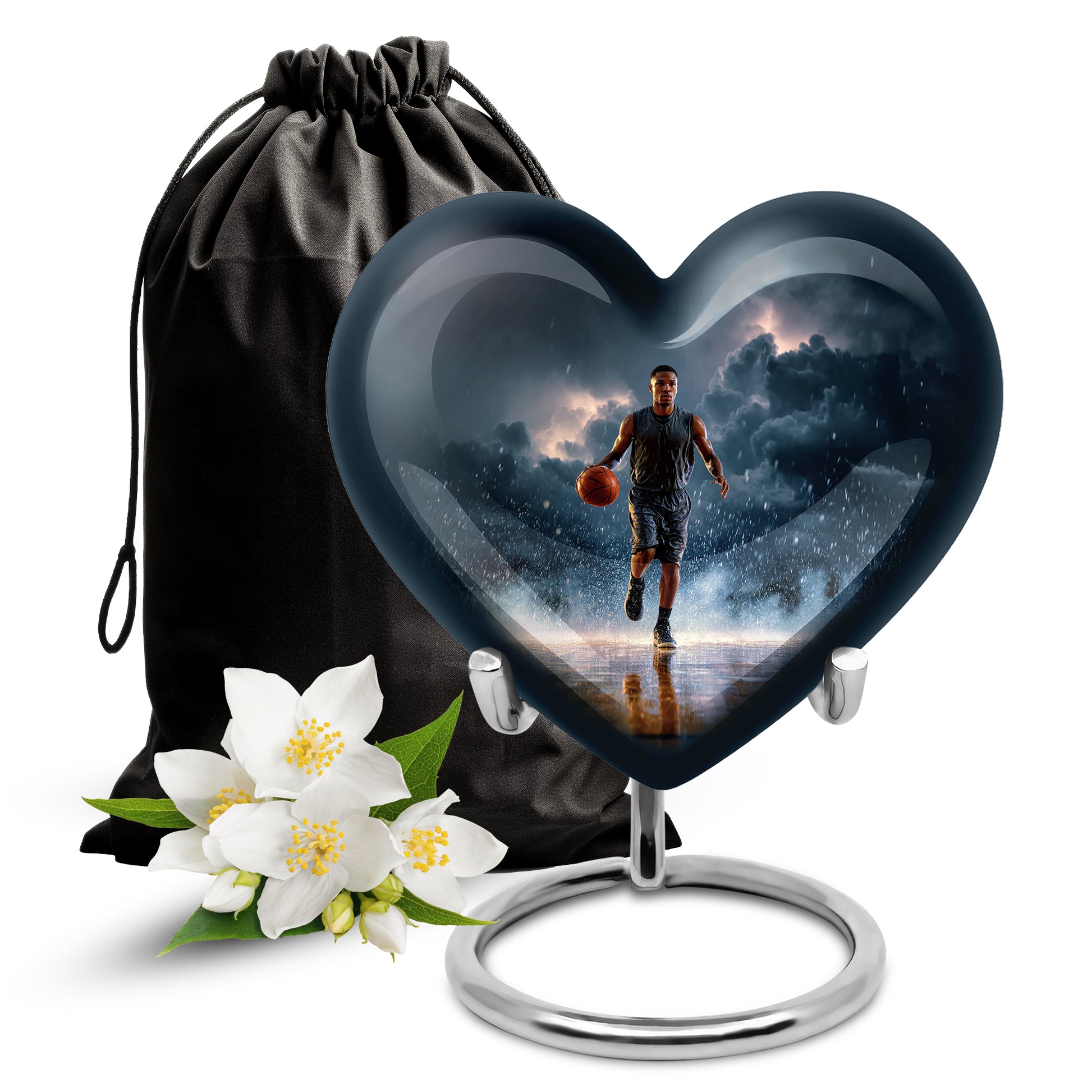 Sky Blue Basketball Cremation Urn detail view - loving heart memorial featuring basketball pattern - full-size 10 inch 200 cubic inch adult cremation urn