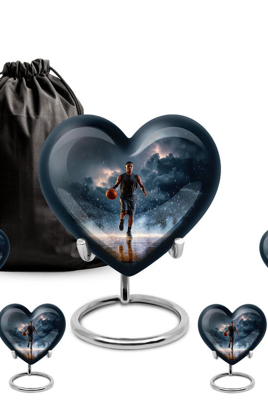 Navy Blue Basketball Cremation Urn close-up of engraving and surface detail - heart-shaped basketball design symbolizing eternal love - memorial set with one large and four small urns