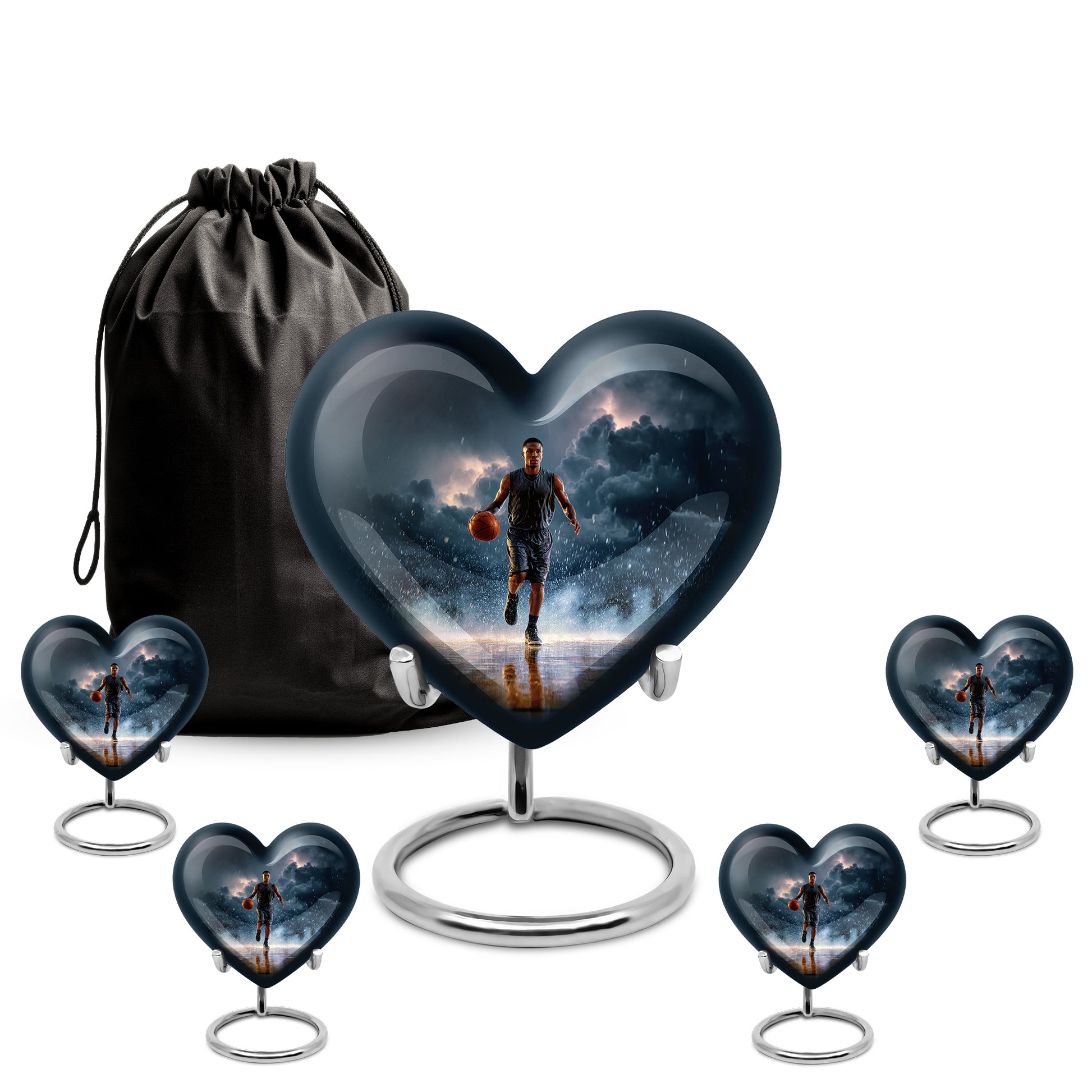Navy Blue Basketball Cremation Urn close-up of engraving and surface detail - heart-shaped basketball design symbolizing eternal love - memorial set with one large and four small urns