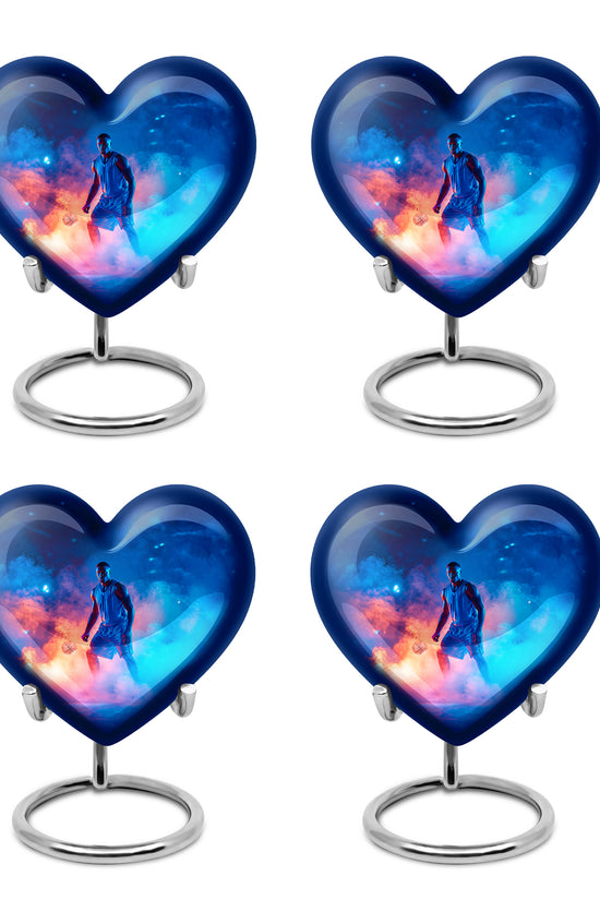 Navy Blue Basketball Cremation Urn angled view of lid and engraved motif - loving heart memorial featuring basketball pattern - 10 inch aluminum urn for cremated remains