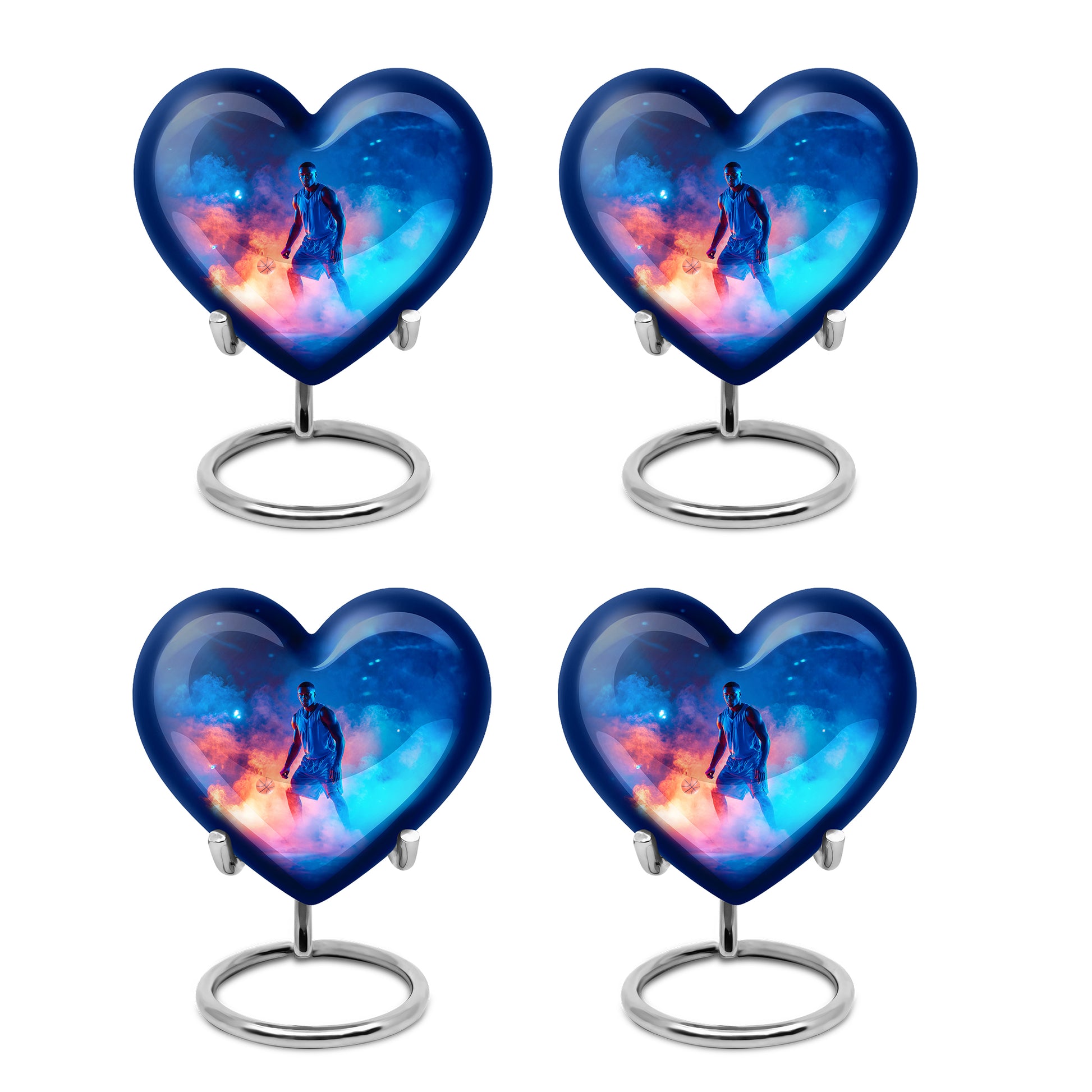 Navy Blue Basketball Cremation Urn angled view of lid and engraved motif - loving heart memorial featuring basketball pattern - 10 inch aluminum urn for cremated remains